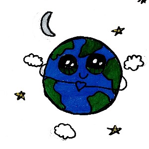 A drawing of the earth surrounded by clouds and stars.